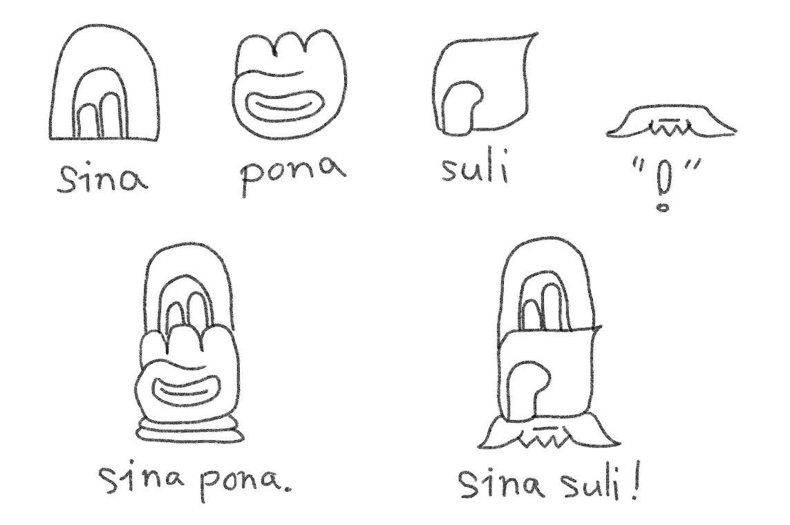 例文"sina pona.“と"sina suli!” 土台を変えることで感嘆符(！)を表現できる